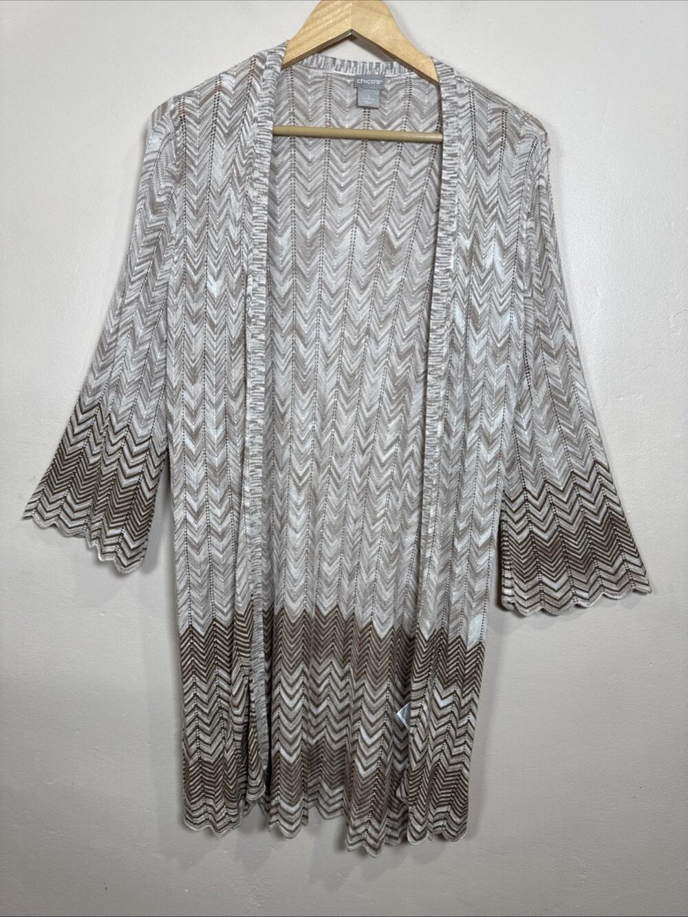 Chico’s Women’s Long Cardigan Bell Sleeve Open Knit M Boho Hippie Coastal